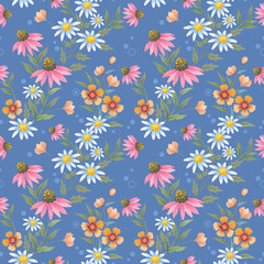 Beautiful blooming flowers design on blue color background seamless pattern. Can be used for fabric textile wallpaper.
