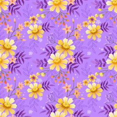 Yellow and oranger flowers on purple color background for fabric textile wallpaper.
