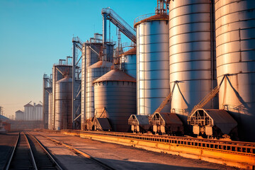 Grain deal concept, metal grain storage stands close up to rail ways