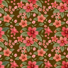 Foto op Canvas Red flowers and green leaf on brown color background seamless pattern. © teerawat