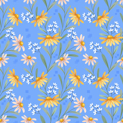 Fototapeta na wymiar Yellow coneflower with white small flowers on blue background seamless pattern for fabric textile wallpaper.