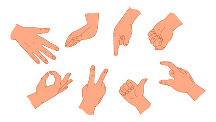 Hands poses. Showing signals. Silhouettes of hands in various situations for infographic, web, presentation.  Vector illustration isolated on a white background