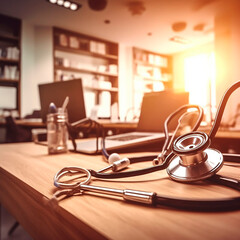 a doctor's stethoscope on a table in a hospital room created with Generative Ai