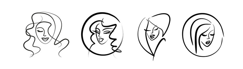 girl face logo drawn with a brush. beauty salon icons set