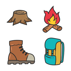Camping vector color doodle icon cartoon set of objects and symbols