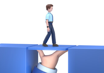 Fototapeta premium 3D illustration of smiling Asian man Felix.Two businessmen solved the problem of overcoming the abyss. Symbol of working together, cooperation, partnership.Teamwork concept. Business helping. 
