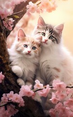 beautiful kittens on a white blossom tree