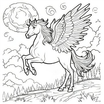 Unicorn. Fantastic animal. Black and white, linear, image. For the design of coloring books, prints, posters, stickers, tattoos, etc. Vector