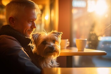 Dog and its owner sitting in a pet-friendly cafe created with Generative AI technology