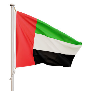 The flag of the United Arab Emirates flutters in the wind. On a transparent background. 3d render illustration