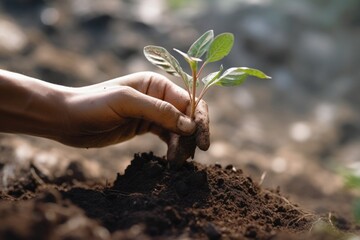 Gardener's hand planting a seedling, Generative AI