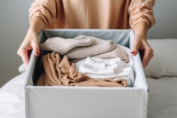 Obraz na płótnie Canvas Clothes Donation Concept. Box of Cloth. Woman Preparing Used Old Garment at Home. AI Generative