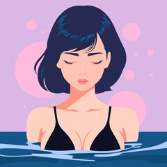 Vector illustration in a flat cartoon style, a young cute short-haired woman with a beautiful body and bare shoulders is swimming in the pool.