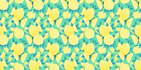 Lemon vector background, tropical fruit wallpaper for the summer, seamless pattern