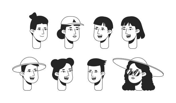 Summer vacation monochrome flat linear character heads bundle. Asian tourist. Holiday maker. Editable outline people icons. Line users faces. 2D cartoon spot vector avatar illustration pack