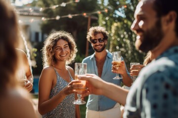 Group of friends enjoying a sunny day by the pool in the villa's garden, clinking their beers together in celebration. Generative AI