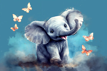  Cartoon cute little elephant on blue background. Watercolor illustration. Post processed AI generated image
