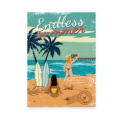 Retro vintage summer poster, postage stamp design with typography.