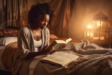 Fototapeta premium African-american girl praying with a bible on her hands and candles..Image ai generate Image ai generate