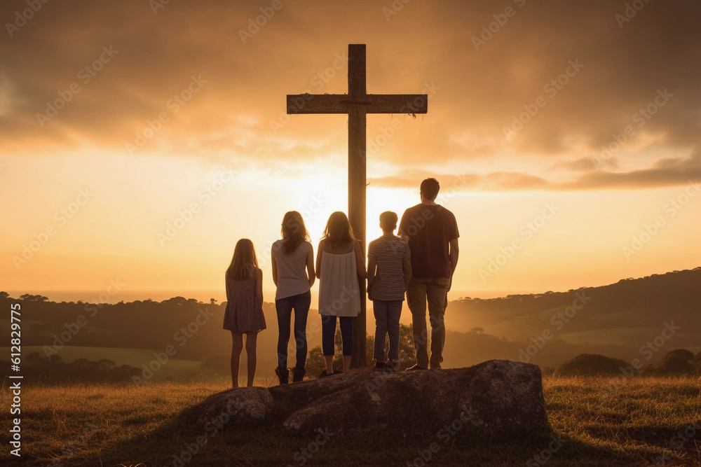 Wall mural Family standing next to a cross at sunset. Worship concept.Image ai generate Image ai generate