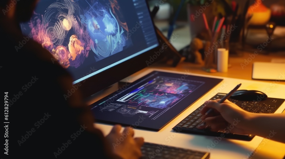 Fototapete graphic designer work on computer laptop and with graphic drawing pen. generative ai