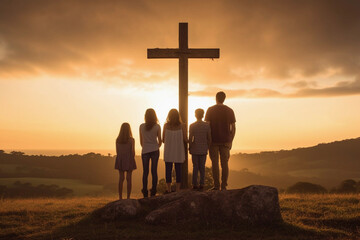Family standing next to a cross at sunset. Worship concept.Image ai generate Image ai generate - obrazy, fototapety, plakaty