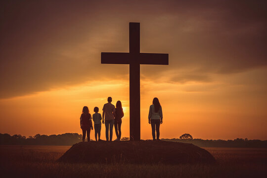 Family standing next to a cross at sunset. Worship concept.Image ai generate Image ai generate