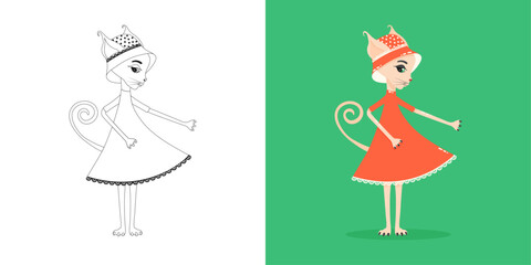 Sphynx cat in dress sketch and color version