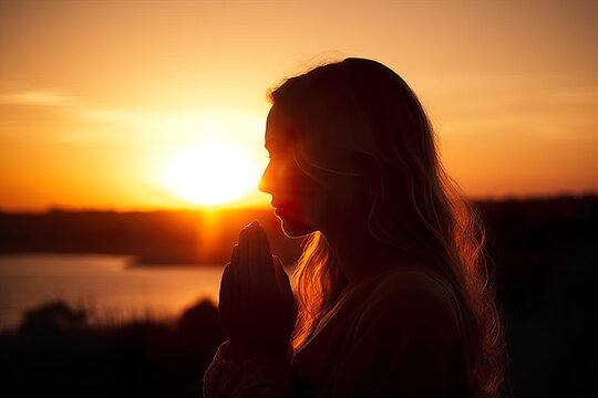 Christian girl praying at sunset.Image ai generate Image ai generate