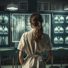 Female Doctor looking at x-rays. Generative AI.