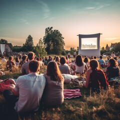 Fototapeta premium People watching a movie in an outdoor cinema. Generative AI.