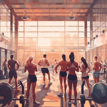 People in a gym doing sports. Generative AI.