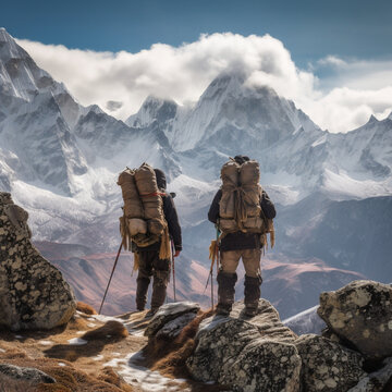 Sherpas in the mountains. Generative AI.