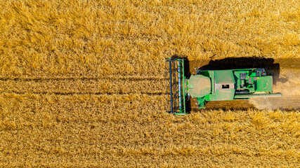 Fototapeta na wymiar Aerial view on combine, harvester machine, harvest ripe cereal