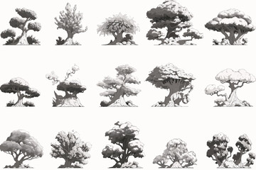 tree sketches, silhouette tree vector element