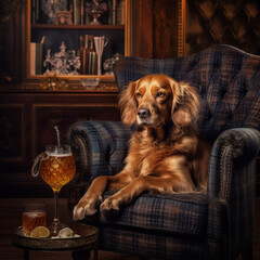 Elegant dog in an armchair. Generative AI.