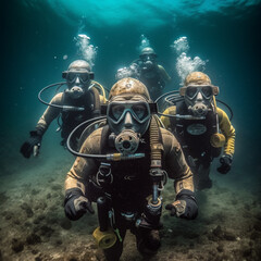 Fototapeta premium Group of scuba divers. Generative AI.