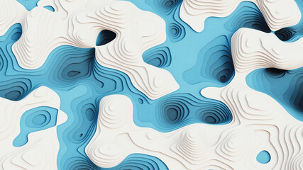 Abstract background in style of cut paper layers, topographic map, curved lines.