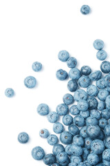Fresh blueberries scattered on a white background.