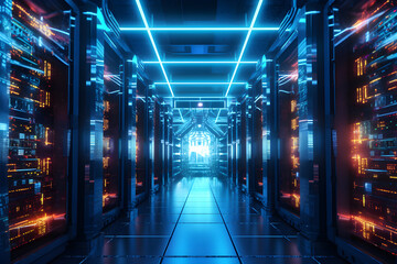Hi-tech data center, server room, supercomputer, database, network server, telecommunication, computer concept futuristic techonology. Generative AI