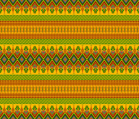 Embroidery indian aztec fabric pattern green, dark brown on yellow vector illustration design for fabric, mat, carpet, scarf, wrapping paper, tile and more