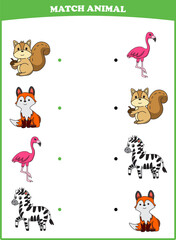 Education game for children connect the same picture of cute cartoon wild animal squirrel fox flamingo zebra printable
