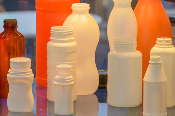 The group of various shape  plastic bottles container.