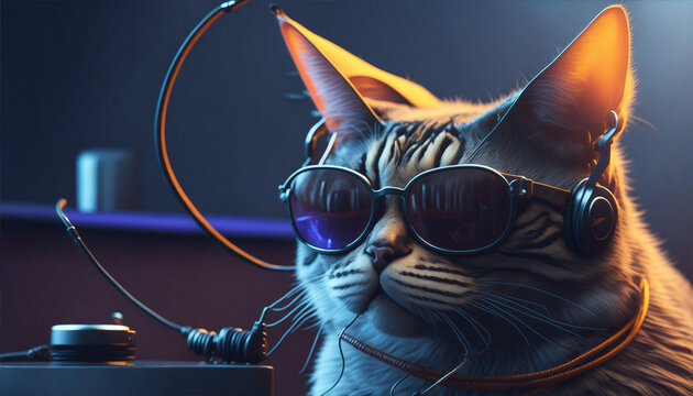 funny cat Dj with use sunglasses, Ai Generative