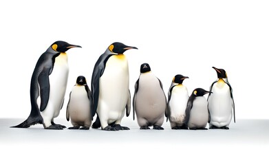 Fototapeta premium Group of Emperor Penguins on a white background. Generative AI.