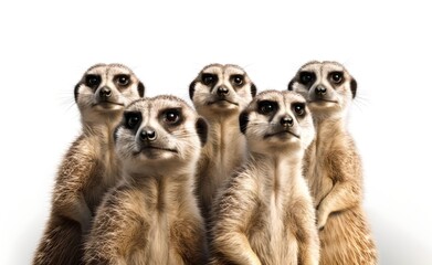 Fototapeta premium Cheerful group of suricate on a white background. Generative AI.
