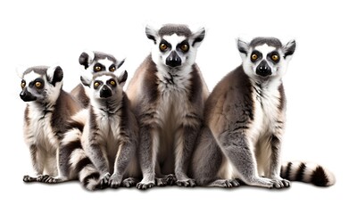 Fototapeta premium Smiling cheerful ring-tailed lemur on a white background. Generative AI.