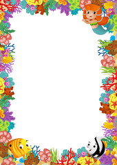 cartoon scene with coral reef and happy fishes swimming near mermaid princess isolated illustration for children