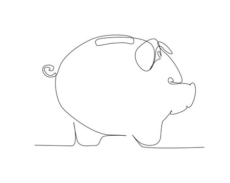 Continuous one line drawing of piggy saving money box. Piggy bank line art vector illustration. Business and economy concept. Editable stroke.	