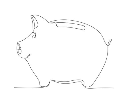 Continuous one line drawing of piggy saving money box. Piggy bank line art vector illustration. Business and economy concept. Editable stroke.	